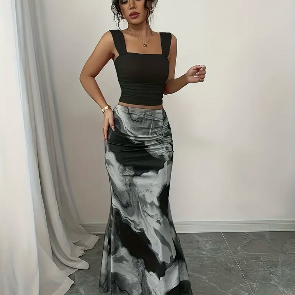 Black and White Ruched Maxi Trumpet Dress